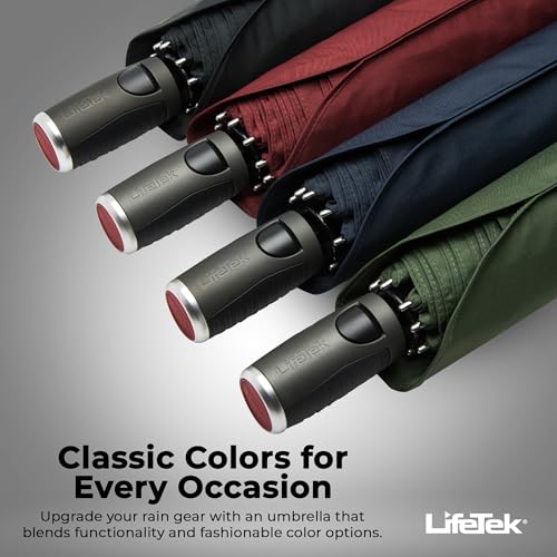 LifeTek Premium Travel Umbrella - Windproof & Compact for Men & Women, Automatic Open Close, Fits in Purse Laptop Bag or Backpack, Strong Frame for Heavy Rain & Sun UV Protection - color: 45 Inch Red FX2 Double Canopy
