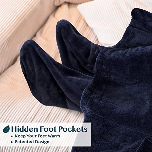 PAVILIA Fleece Blanket with Sleeves, Foot Pockets for Women Men, Navy Blue - color: Navy, size: Fleece