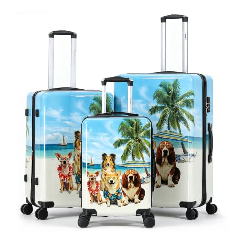 World Traveler Chariot Beach Pups Dog Lover 3-Piece Hardside Expandable Spinner Luggage Set with TSA Lock - color: Beach Pups, size: 3-Piece Set