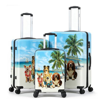 World Traveler Chariot Beach Pups Dog Lover 3-Piece Hardside Expandable Spinner Luggage Set with TSA Lock - color: Beach Pups, size: 3-Piece Set