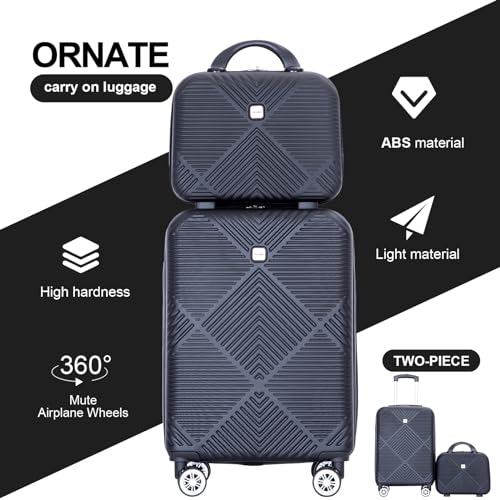 Tripcomp Carry-on Luggage Set 2 Piece Hardside Suitcase With Spinner Wheels - color: Black-2, size: 2 Piece Set(14/20)