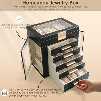 Homeanda Jewelry Boxes with Glass Lid, 6-Layer Large PU Leather, Black - color: Black, size: 6 Layer