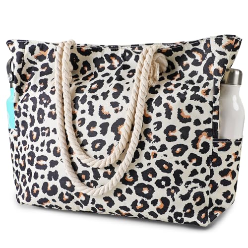 Clothirily Beach Bag for Women, Large Beach Tote Bag Waterproof with Zipper - color: Leopard Print