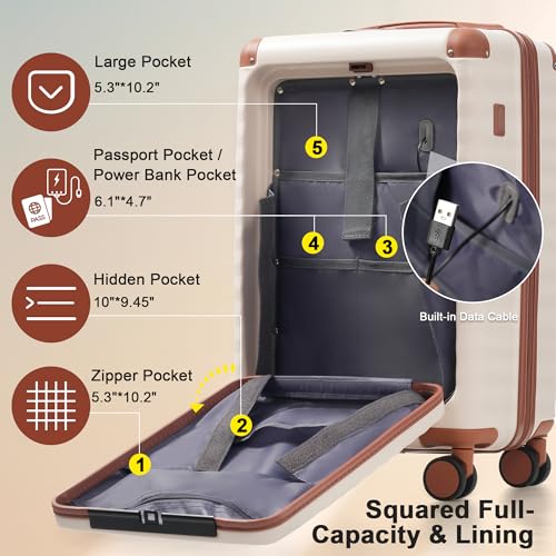 Merax Luggage Sets Front Open, 3 Piece Hardshell Suitcase with Wheels & Bag - color: White and Brown(20 open)