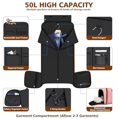 Convertible Garment Bag for Travel, 4-in-1 Backpack for Women Men, 3pcs 50L - color: B-Pink
