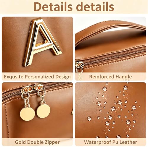 Personalized Initial Make Up Bag for Women Teen Girls Toiletry Organizer - color: Brown