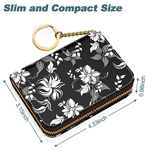 Nipichsha Women's Slim Leather RFID Wallet, Black Flower, Compact Size, 12-Slot with Zipper and Keychain - color: Black Flower