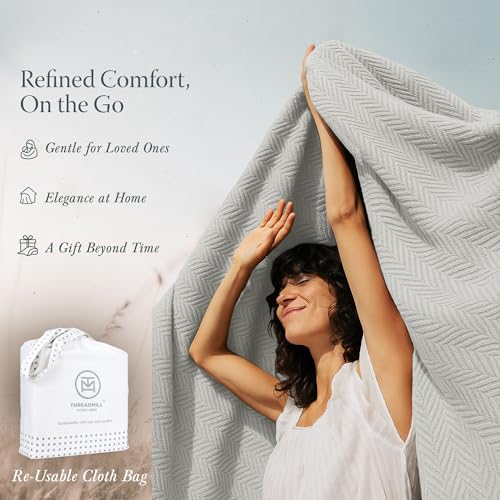 Threadmill Luxury 100% Cotton King Herringbone Blanket, Light Grey - color: Light Grey, size: King (106" x 92")