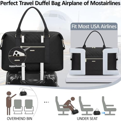 Tenot Quilted Duffle Bag for Women Travel Tote Bag with Luggage Sleeve - color: Black, size: Medium