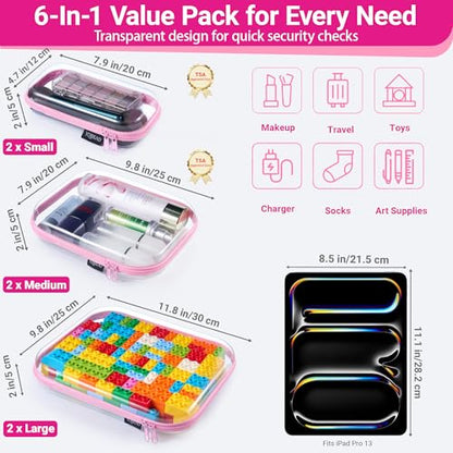YQBRAO Clear Hard Shell Zipper Cases, 6 Multi-Size Organizers, Pink - color: Pink, size: 6 Pack (2L+2M+2S)