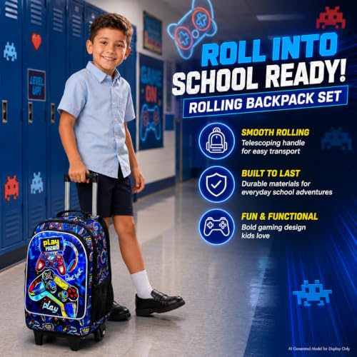 CCJPX Rolling Backpack for Boys, Kids Roller School Bag with Wheels Toddler Wheeled Bookbag Elementary - color: Red Game