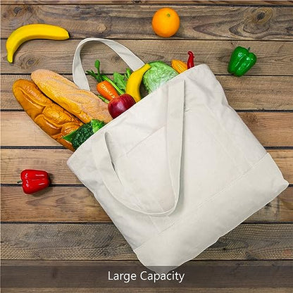 TOPDesign 1-Pack Canvas Tote Bag with an External Pocket, Reusable Grocery Shopping Bag, Top Zipper Closure, Daily Essentials (Natural) - color: Natural
