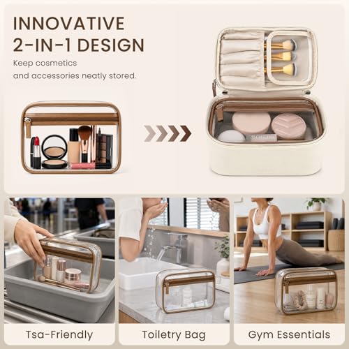 Prite 2 Pcs Makeup Bag Set Travel Cosmetic Case with Clear Toiletry Bag - color: Beige