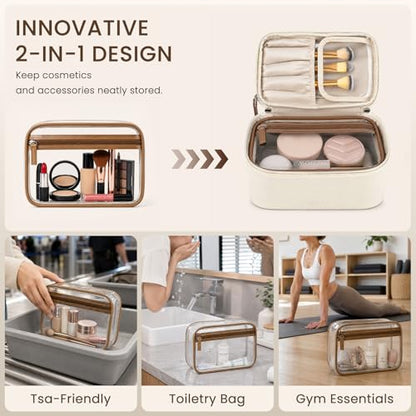 Prite 2 Pcs Makeup Bag Set Travel Cosmetic Case with Clear Toiletry Bag - color: Beige
