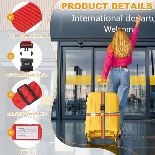 MECCANIXITY Cross Luggage Straps with Combination Lock Name ID Card Adjustable Suitcase Belt Strap for Suitcase Briefcase Backpack Travel, Red, Pack of 2 - color: Red