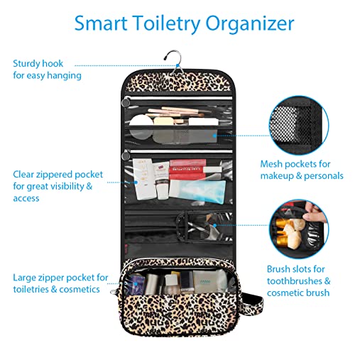 FINTIE Portable Toiletry Cosmetic Travel Bag Hanging Makeup Organizer - color: Leopard
