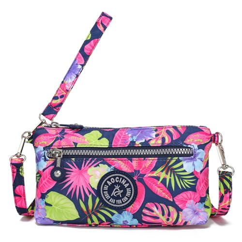 Small Wristlet Wallets for Women Nylon RFID Cross body bag - color: Leafy Purple