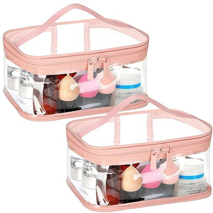 HAOGUAGUA 2 Pieces Clear Makeup Bags Cosmetic Toiletry Bags for Traveling, Waterproof Travel Transparent TSA APPROVED Carry On Airport Airline Compliant Bag (2 PIECES PINK) - color: 2 PIECES PINK
