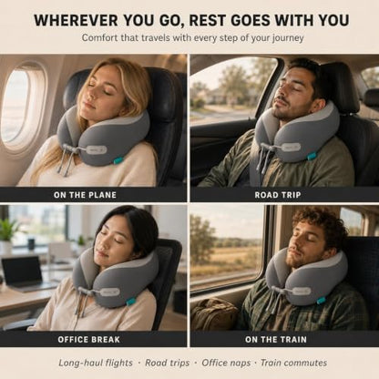 Travel Neck Pillow for Airplane, 50D Memory Foam, Cooling Ice Silk Cover, U-Shape, Adjustable Buckle, Washable Cover with Carry Case (Grey) - color: Grey