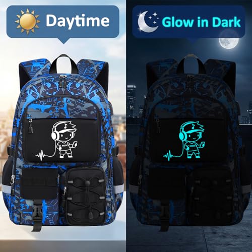 School Backpack for Boys - 3pcs Gamer Boys Backpack with Lunch Box Set for Kids Teens Elementary Middle High School,18″ Large Capacity Students Bookbag with Usb Charging Port - color: Blue-people-set