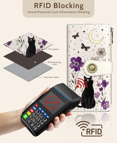 GIANCOMICS Black Cat Womens Wallet RFID Blocking, Credit Card Holder Bifold - color: Black Cat Flower