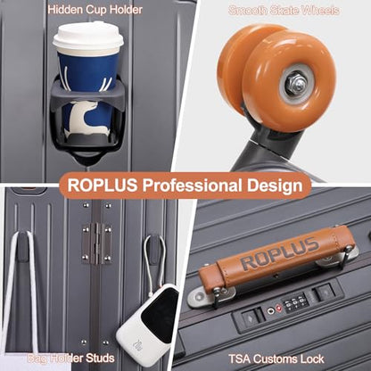 ROPLUS Carry On Luggage with Front Cover Compartment, Aluminium Frame Rolling Suitcase with Skate Wheels, USB Ports, Cup Holder, TSA Lock (GrayBrown, 21-Inch) - color: GrayBrown, size: 21-Inch