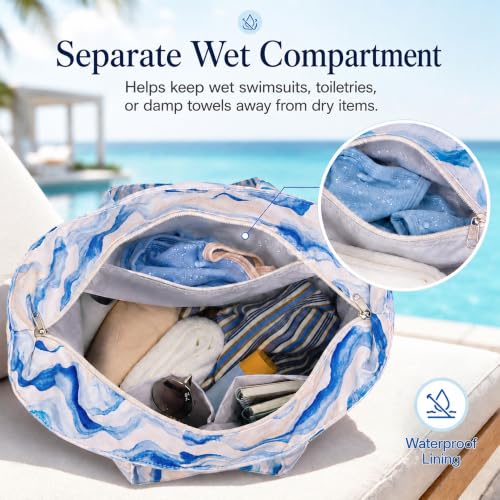 LEDAOU Beach Bag Waterproof Sandproof Women Beach Tote Pool Bag with Zipper for Swim Gym Grocery Travel with Wet Pocket - color: Blue Waves