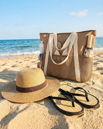HOMESPON Beach Bag Large Waterproof Sandproof Tote for Women with Zipper and Mesh Pockets - color: Khaki, size: Medium