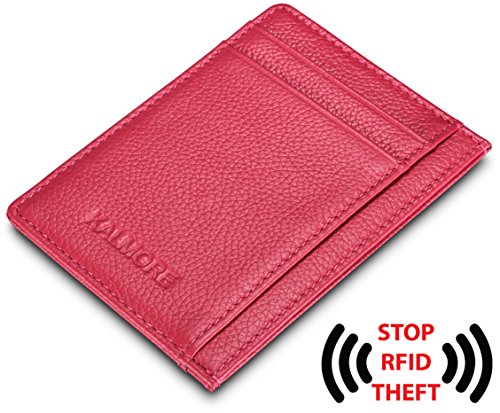 KALMORE womens Credit Holder Genuine Leather Slim Minimalist Card Case Wallet, Black With Id Window - color: Rose
