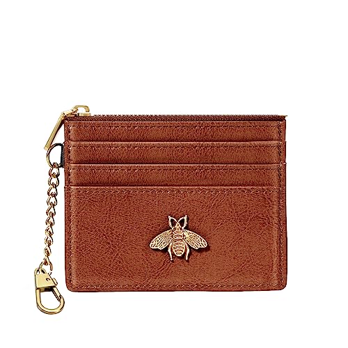 SEAVILIA Card Holder Keychain Wallet for Women with ID Window RFID Coin Purse Bee Gifts Slim Minimalist Small Wallet - color: Brown