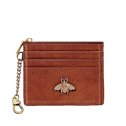SEAVILIA Card Holder Keychain Wallet for Women with ID Window RFID Coin Purse Bee Gifts Slim Minimalist Small Wallet - color: Brown