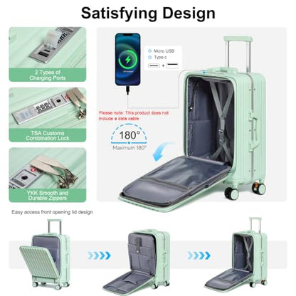 Somago Carry on Luggage Front Open 22x14x9 Airline Approved Lightweight Suitcase with Cup Holder and USB Port Aluminum Frame Polycarbonate Spinner Hard Suitcase with TSA Lock,Lime - color: Lime, size: 20 Inch Carry On (Front Opening)