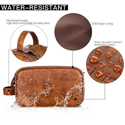 Elviros Toiletry Bag for Men, PU Leather Travel Dopp Kit, 2 Pack Gift Set - color: Brown, size: 2 Piece