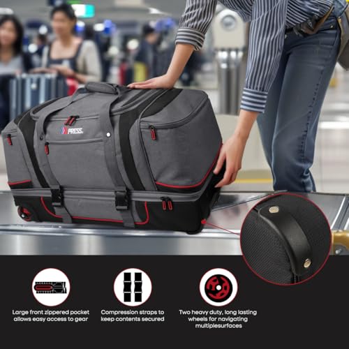 30" Expandable Rolling Duffle Bag w/Wheels and Handle | Extra Large Capacity, 2-Layer Space,Multiple Pockets, Travel Duffle Bag for Men Wome,TBL-074,Grey Red - color: Grey Red