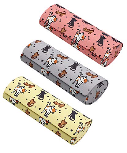 JAVOedge [3 PACK], Various Pattern Long Oval Hard Glasses Case Includes Microfiber Cleaning Cloth - color: Multi-color (Cats)