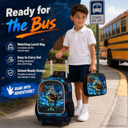 CCJPX Rolling Backpack for Boys, Kids Roller School Bag with Wheels Toddler Wheeled Bookbag Elementary - color: Black Dinosaur