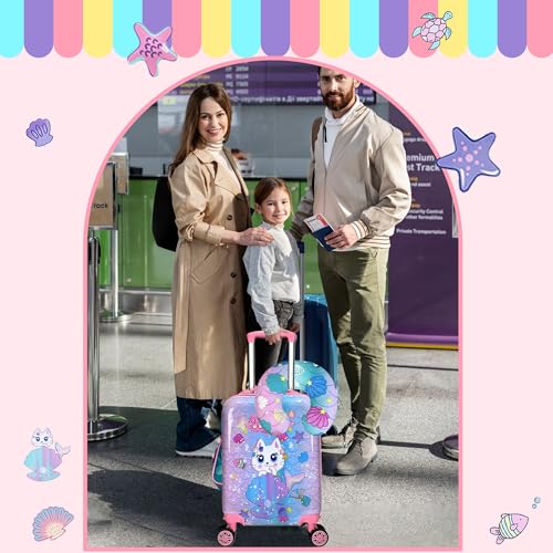 Cute Cat Kid's Luggage Set: 2 Piece Hardside Spinner Wheels Suitcase Set, 16' Airline Approved, Pink Cat Pattern, Ages 5+ - color: Cat Pink