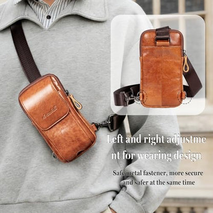Small Crossbody Bag for Men Women - Genuine Leather Mini Sling Bag with Charging Port - color: Brown
