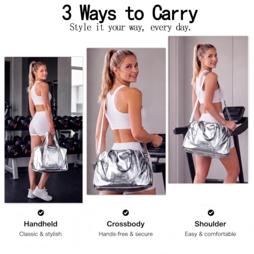 Gym Bag for Women Men, Expandable Travel Duffel Bag with Shoe Compartment - color: Silver