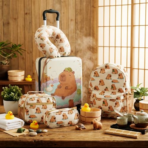 Redbaker 6 Pcs Kids Luggage Set, 18 Inch, Mint Brown Capibara - color: Mint Brown