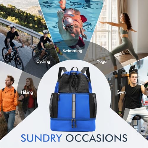 PinCute Drawstring Backpack for Men Women, Mesh Gym Bag for Beach - color: Blue