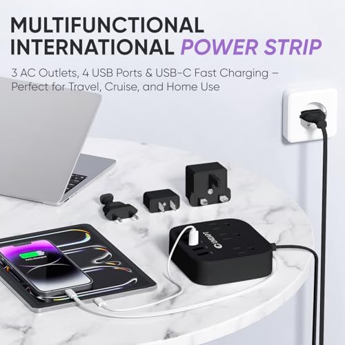 Unidapt UK Ireland Travel Plug Adapter, US to Europe Power Strip, Black