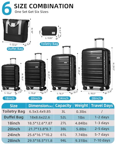 LARVENDER Luggage Sets 6 Piece Expandable Suitcases Set, Glossy Black - color: Glossy Black 6PCS, size: Family Set