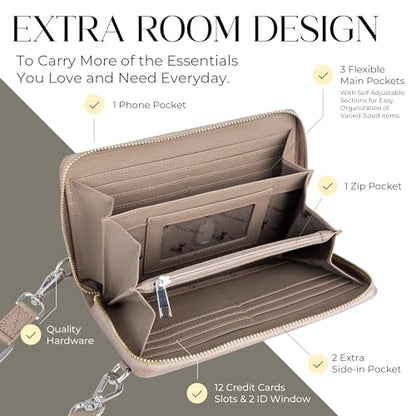 BULL GUARD Crossbody Bag for Women, Leather Phone Wallet Purse with Adjustable Anti Theft Strap & RFID Blocking 12 Card Slots - color: Xtraroom in Soft Grey Whisper Frappe