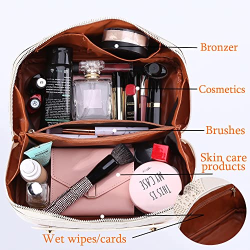 Cessfle Large Capacity Travel Cosmetic Bag Plaid Checkered Makeup Bag Portable Leather Waterproof Skincare Bag with Handle and Divider for Women 01-White - color: 01-White