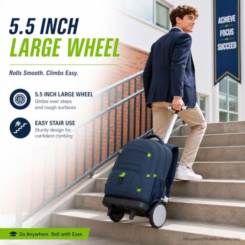 WZLVO Large Quiet Wheels Rolling Backpack for Men - 20 Inch Wheeled Bookbag Glides Over Rough Surfaces, 3-Piece Roller Set with Lunch Bag & Pencil Bag, Sleek Navy Blue for Professionals Travel - color: Large Quiet-roll Wheels Rolling Backpack -Blue