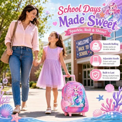 KLFVB Rolling Backpack for Girls Boys, Kids Roller Wheels School Bookbag with Lunch Bag, Wheeled School Bag for Children - color: 3pc Mermaid Pink