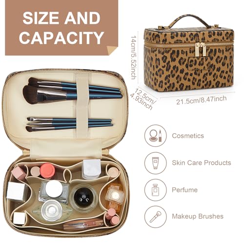 HiTotes Makeup Bag Leopard Vanity Case for Women Travel Cosmetic Bag Leather Toiletry Bags Cheetah Print Makeup Organizer Case - color: Leopard Brown