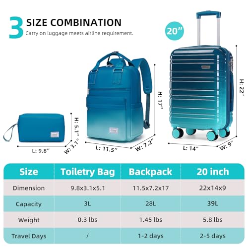 LARVENDER Carry on Luggage Sets 3 Piece, 20 Inch Suitcases, Ocean Breeze - color: Ocean Breeze-20BP, size: 3 Piece Set (Backpack/TB/20)