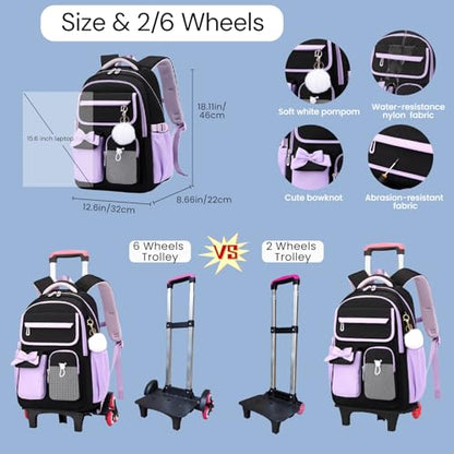 Rolling Backpack for Girls Kids Trolley Rolling School Bag Wheeled Backpack for Elementary School Roller Bookbags on 6 Wheels, Black Blue - color: 6 Wheels Black-blue, style: 6 Wheels